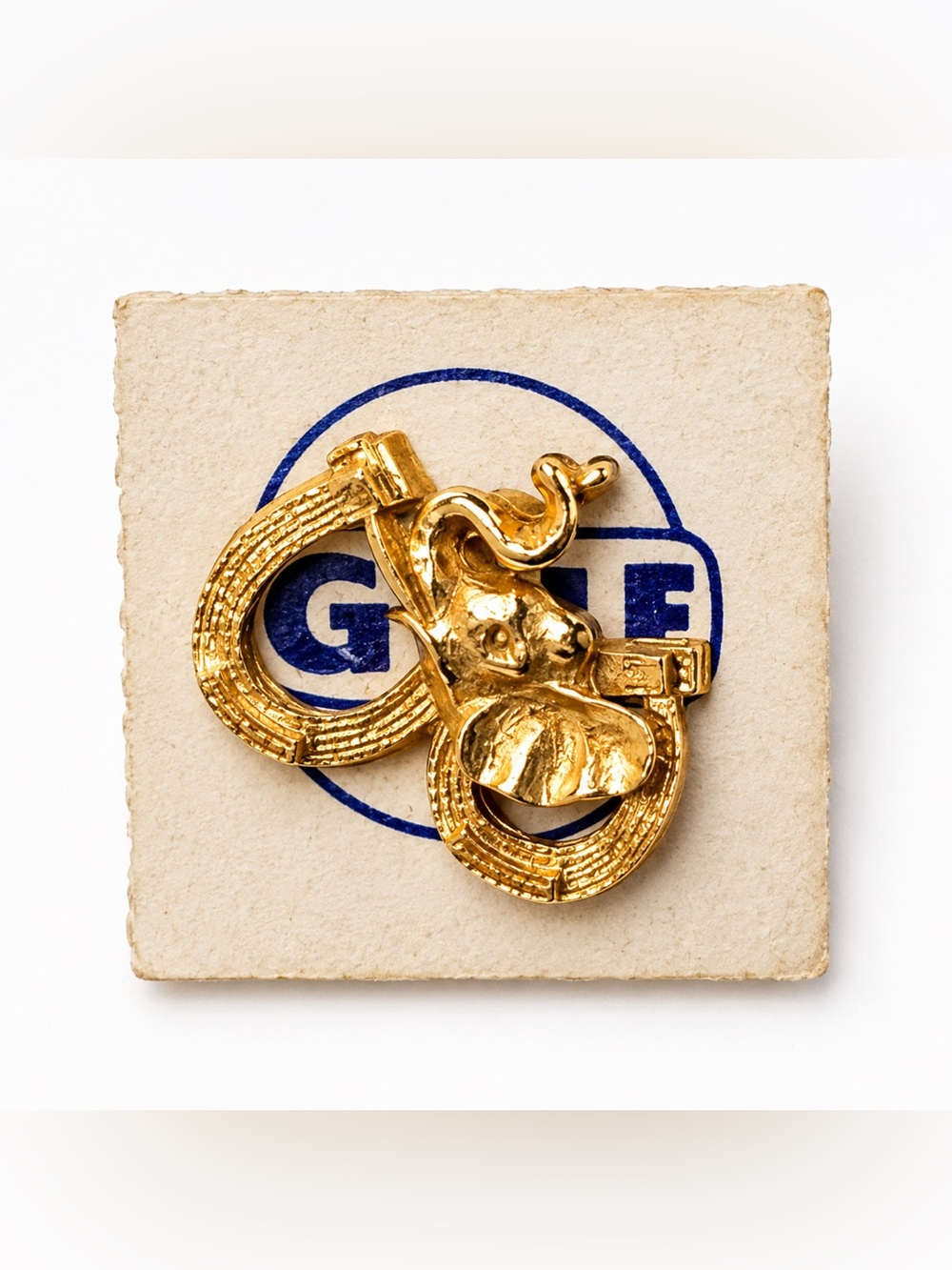 Vintage Gulf Oil Elephant Double Horseshoe Lapel Pin 1960s Gold Tone Original Ca
